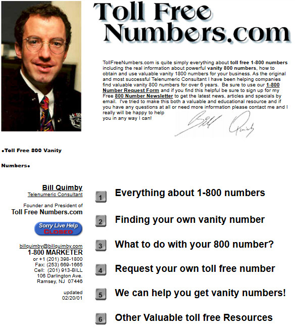 TollFreeNumbers.com homepage in 1998