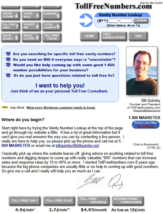 TollFreeNumbers.com homepage in 2002
