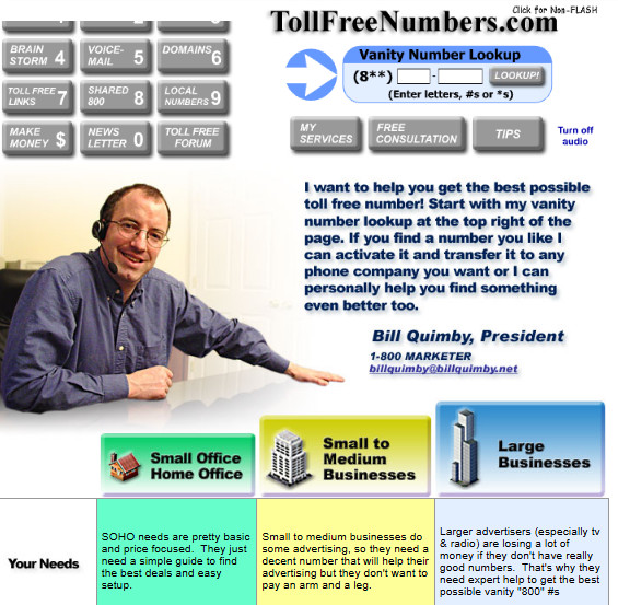 TollFreeNumbers.com homepage in 2004